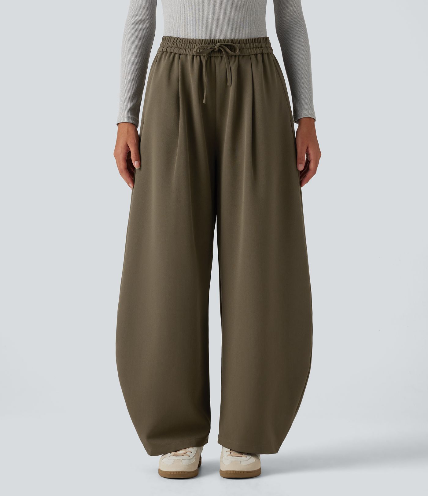 High Waisted Drawstring Barrel Leg Work Pants with Pockets High Waisted Drawstring Barrel Leg Work Pants with Pockets