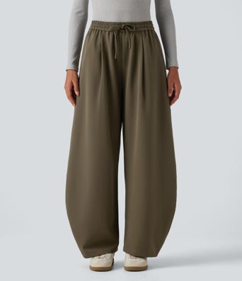 High Waisted Drawstring Barrel Leg Work Pants with Pockets High Waisted Drawstring Barrel Leg Work Pants with Pockets