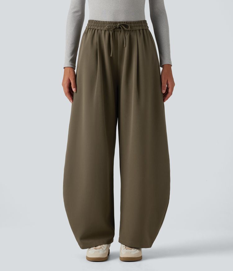 High Waisted Drawstring Barrel Leg Work Pants with Pockets High Waisted Drawstring Barrel Leg Work Pants with Pockets