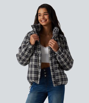 Veste matelassée à carreaux, col montant et manches longues avec poches Veste matelassée à carreaux, col montant et manches longues avec poches