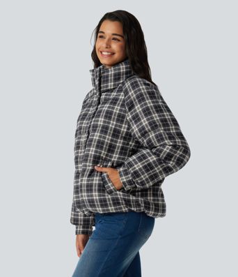 Veste matelassée à carreaux, col montant et manches longues avec poches Veste matelassée à carreaux, col montant et manches longues avec poches