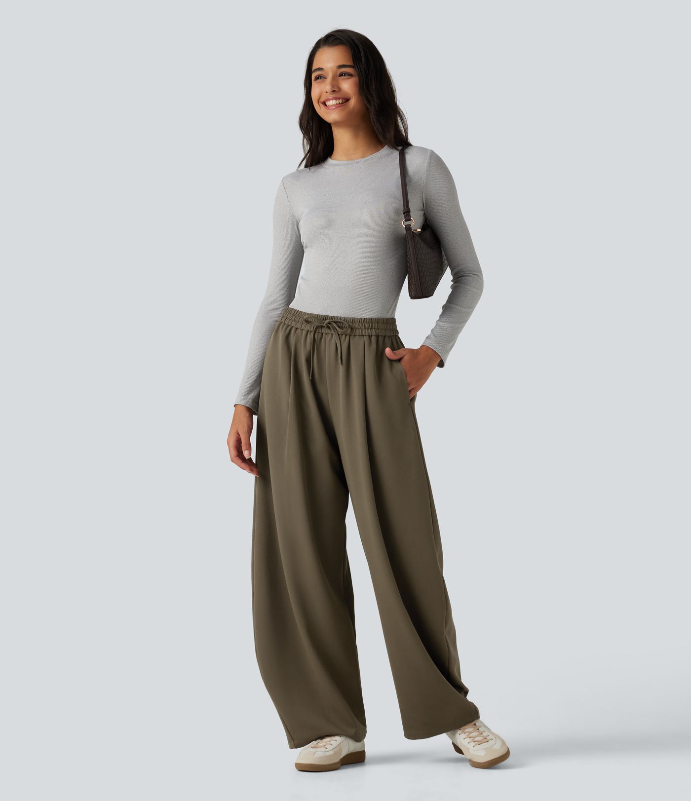 High Waisted Drawstring Barrel Leg Work Pants with Pockets High Waisted Drawstring Barrel Leg Work Pants with Pockets