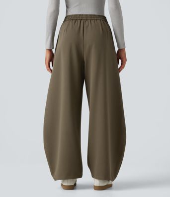 High Waisted Drawstring Barrel Leg Work Pants with Pockets High Waisted Drawstring Barrel Leg Work Pants with Pockets