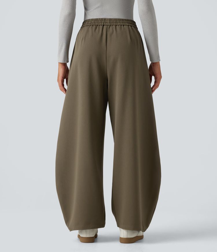 High Waisted Drawstring Barrel Leg Work Pants with Pockets High Waisted Drawstring Barrel Leg Work Pants with Pockets