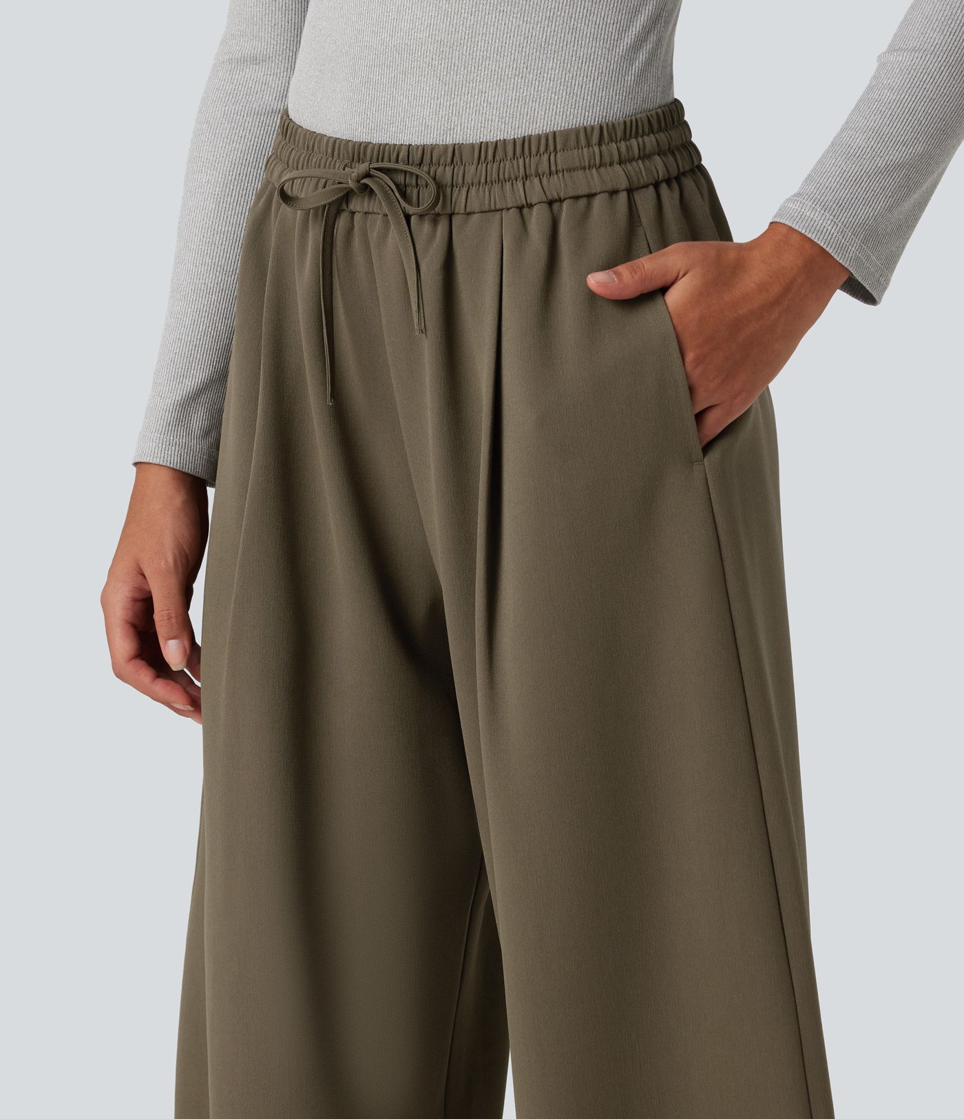 High Waisted Drawstring Barrel Leg Work Pants with Pockets High Waisted Drawstring Barrel Leg Work Pants with Pockets