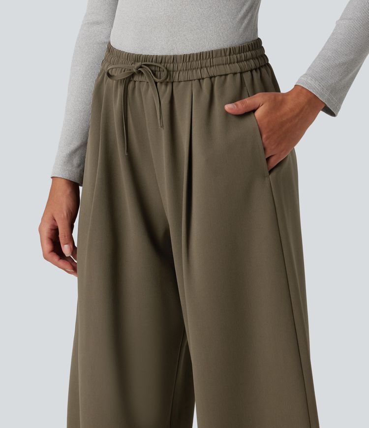 High Waisted Drawstring Barrel Leg Work Pants with Pockets High Waisted Drawstring Barrel Leg Work Pants with Pockets