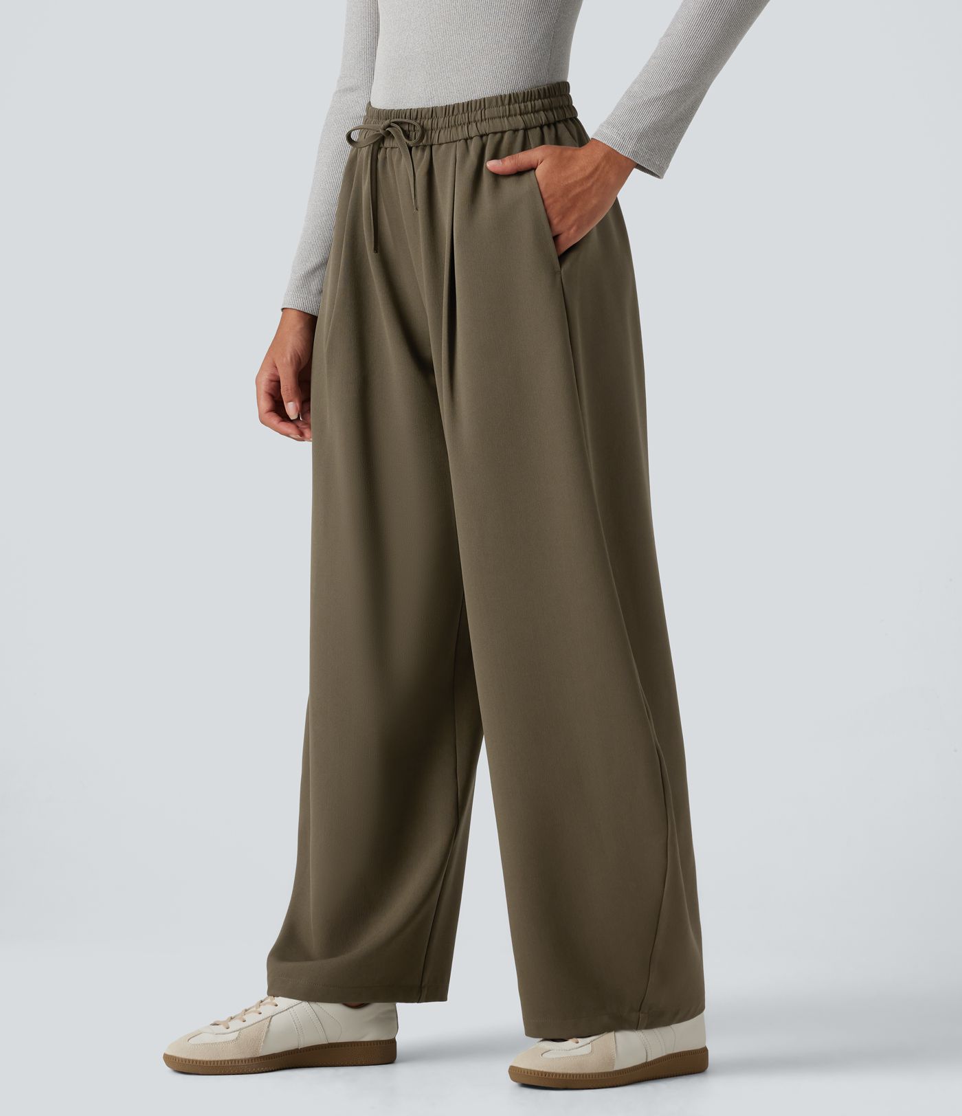 High Waisted Drawstring Barrel Leg Work Pants with Pockets High Waisted Drawstring Barrel Leg Work Pants with Pockets