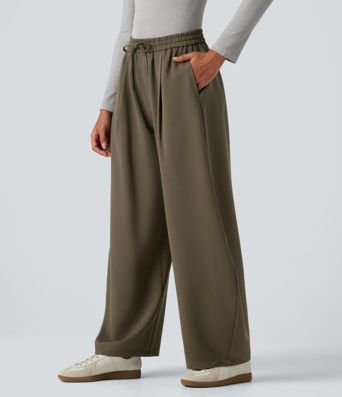 High Waisted Drawstring Barrel Leg Work Pants with Pockets High Waisted Drawstring Barrel Leg Work Pants with Pockets