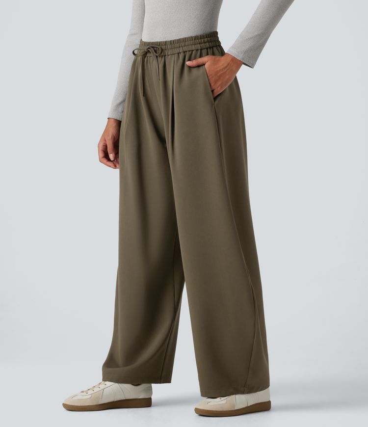 High Waisted Drawstring Barrel Leg Work Pants with Pockets High Waisted Drawstring Barrel Leg Work Pants with Pockets