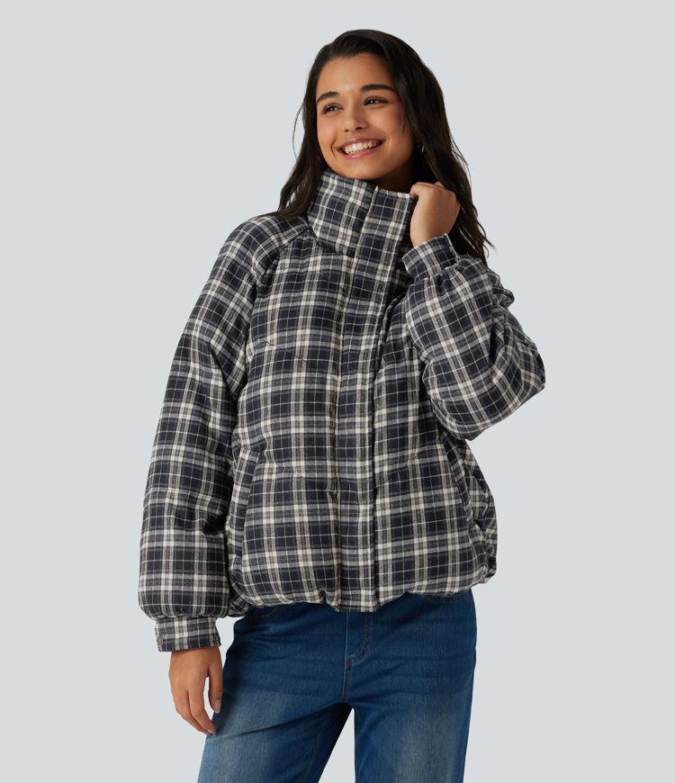 Veste matelassée à carreaux, col montant et manches longues avec poches Veste matelassée à carreaux, col montant et manches longues avec poches