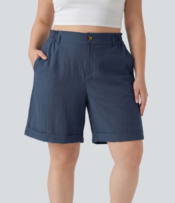 Plus Size High Waisted Rolled Hem Linen-Feel Resort Bermuda Shorts 10'' with Pockets