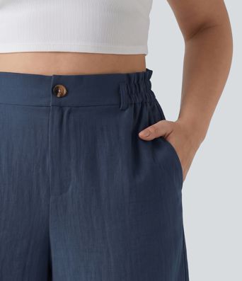 Plus Size High Waisted Rolled Hem Linen-Feel Resort Bermuda Shorts 10'' with Pockets