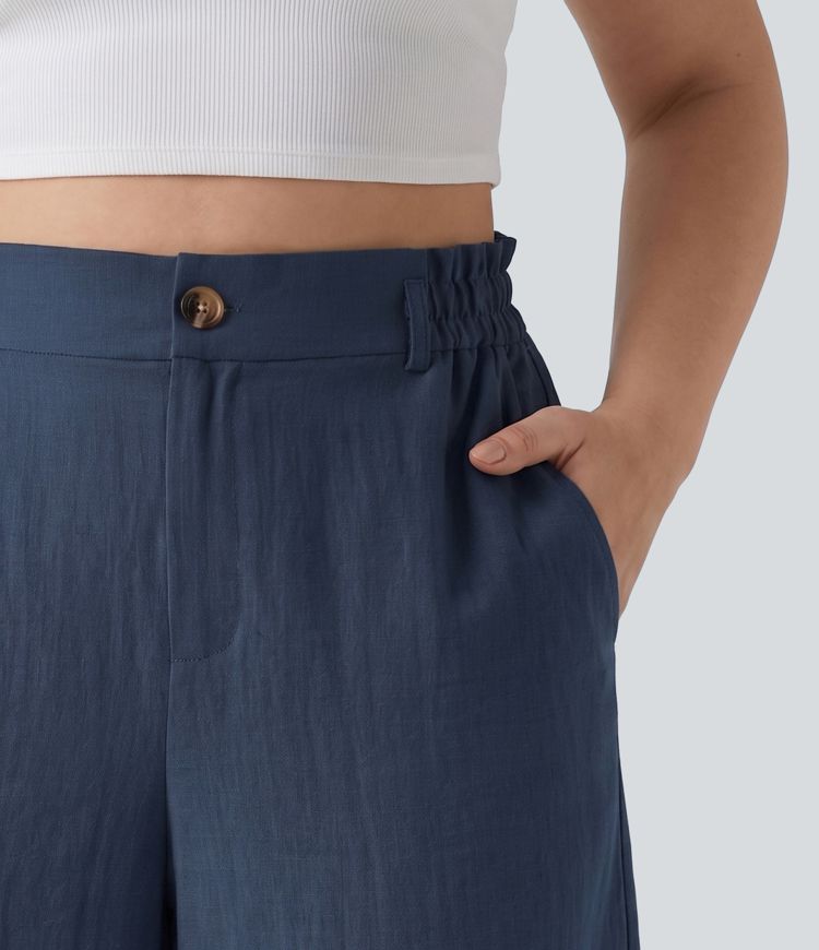 Plus Size High Waisted Rolled Hem Linen-Feel Resort Bermuda Shorts 10'' with Pockets