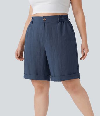 Plus Size High Waisted Rolled Hem Linen-Feel Resort Bermuda Shorts 10'' with Pockets