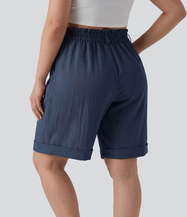 Plus Size High Waisted Rolled Hem Linen-Feel Resort Bermuda Shorts 10'' with Pockets