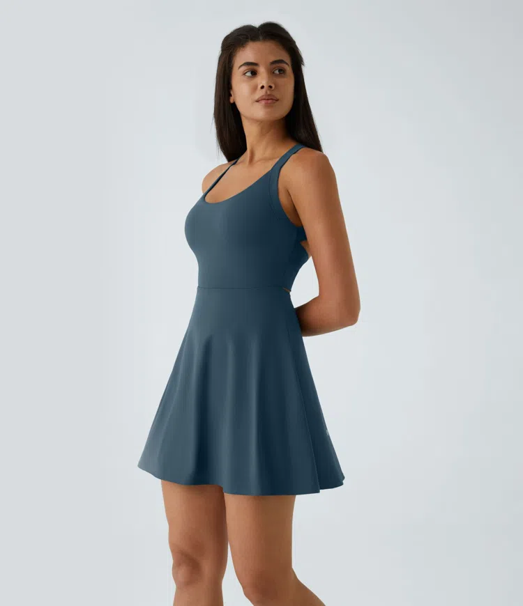 Majolica Blue SoftlyZero™ Airy Backless Twisted Flare Low Support Dance Active Dress-Longer Length-Easy Peezy Edition A-D Cups / 2