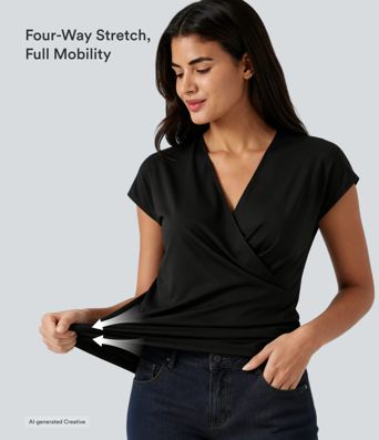 V Neck Cap Short Sleeve Crossover Ruched Solid Womens Work Blouse Top Shirt V Neck Cap Short Sleeve Crossover Ruched Solid Womens Work Blouse Top Shirt