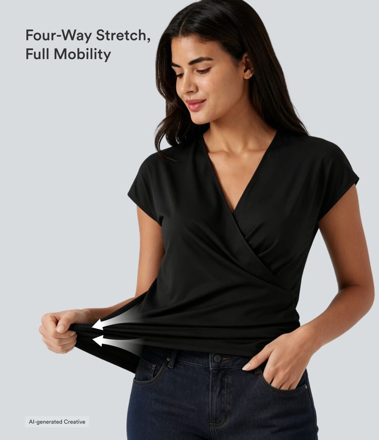 V Neck Cap Short Sleeve Crossover Ruched Solid Womens Work Blouse Top Shirt V Neck Cap Short Sleeve Crossover Ruched Solid Womens Work Blouse Top Shirt