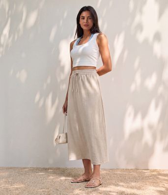 Jupe longue casual aspect lin taille haute avec cordon de serrage