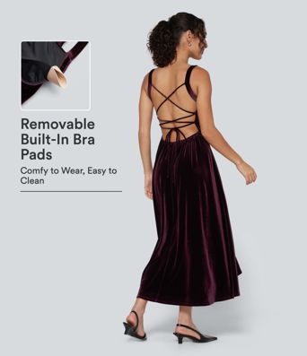 Square Neck Lace Up Ruched Built-in Bra Corset Velvet Midi Casual Dress
