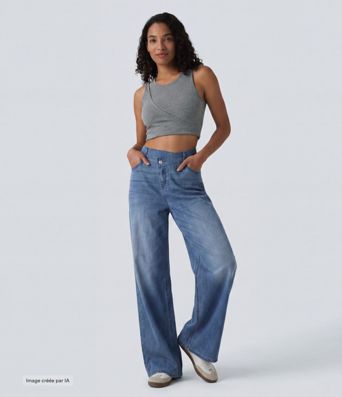 Jean large décontracté asymétrique en lyocell taille mi-haute drapé avec poches