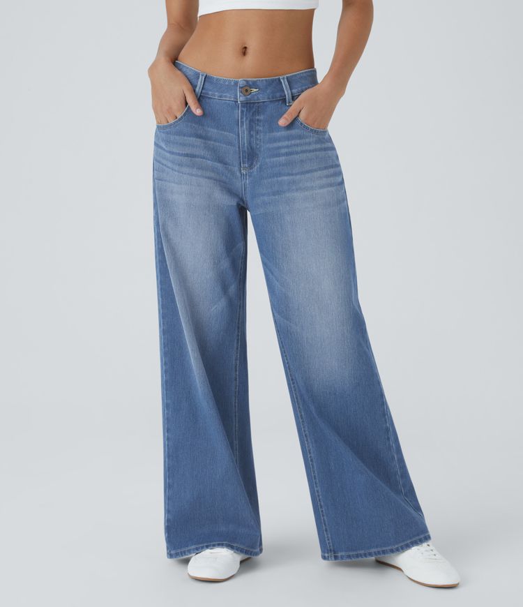 Halara Flex™ Low Rise Zipper Pockets Washed Baggy Wide Leg Casual Jeans Halara Flex™ Low Rise Zipper Pockets Washed Baggy Wide Leg Casual Jeans