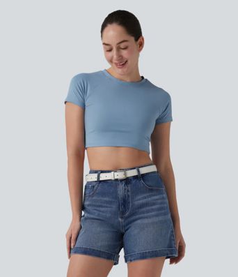 Halara Flex™ Mid Rise Rolled Hem Denim Casual Shorts 5'' with Pockets