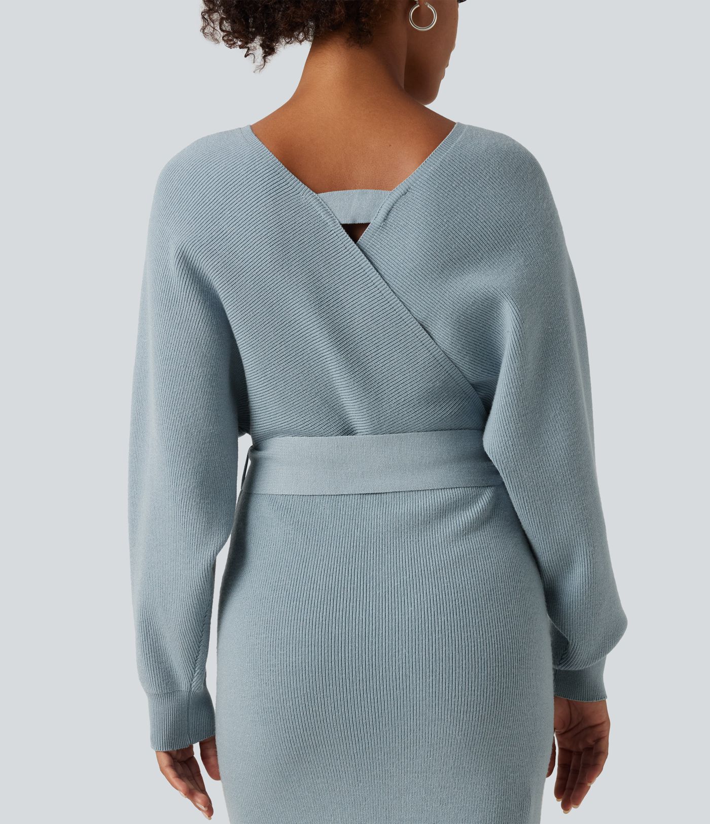 Crossover V Neck Batwing Long Sleeve Belted Midi Casual Sweater Dress Crossover V Neck Batwing Long Sleeve Belted Midi Casual Sweater Dress