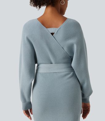 Crossover V Neck Batwing Long Sleeve Belted Midi Casual Sweater Dress Crossover V Neck Batwing Long Sleeve Belted Midi Casual Sweater Dress