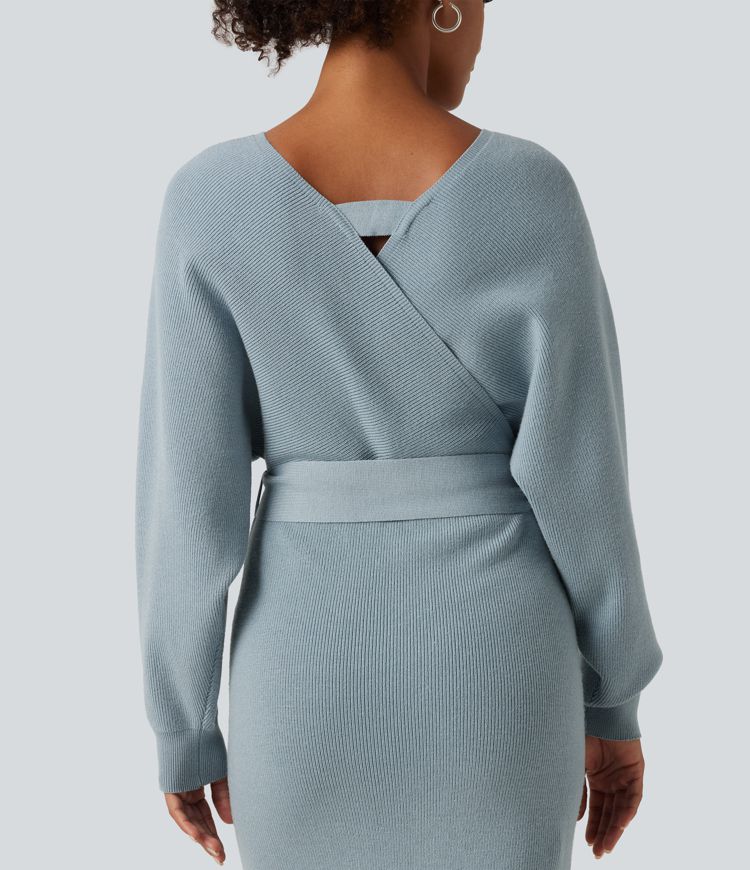 Crossover V Neck Batwing Long Sleeve Belted Midi Casual Sweater Dress Crossover V Neck Batwing Long Sleeve Belted Midi Casual Sweater Dress