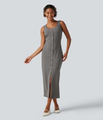 U Neck Sleeveless Slit Hem Decorative Button Midi Casual Dress