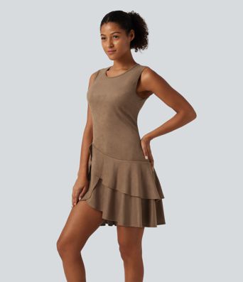 Round Neck Sleeveless Layered Ruffle Hem Suede Mini Casual Dress Round Neck Sleeveless Layered Ruffle Hem Suede Mini Casual Dress