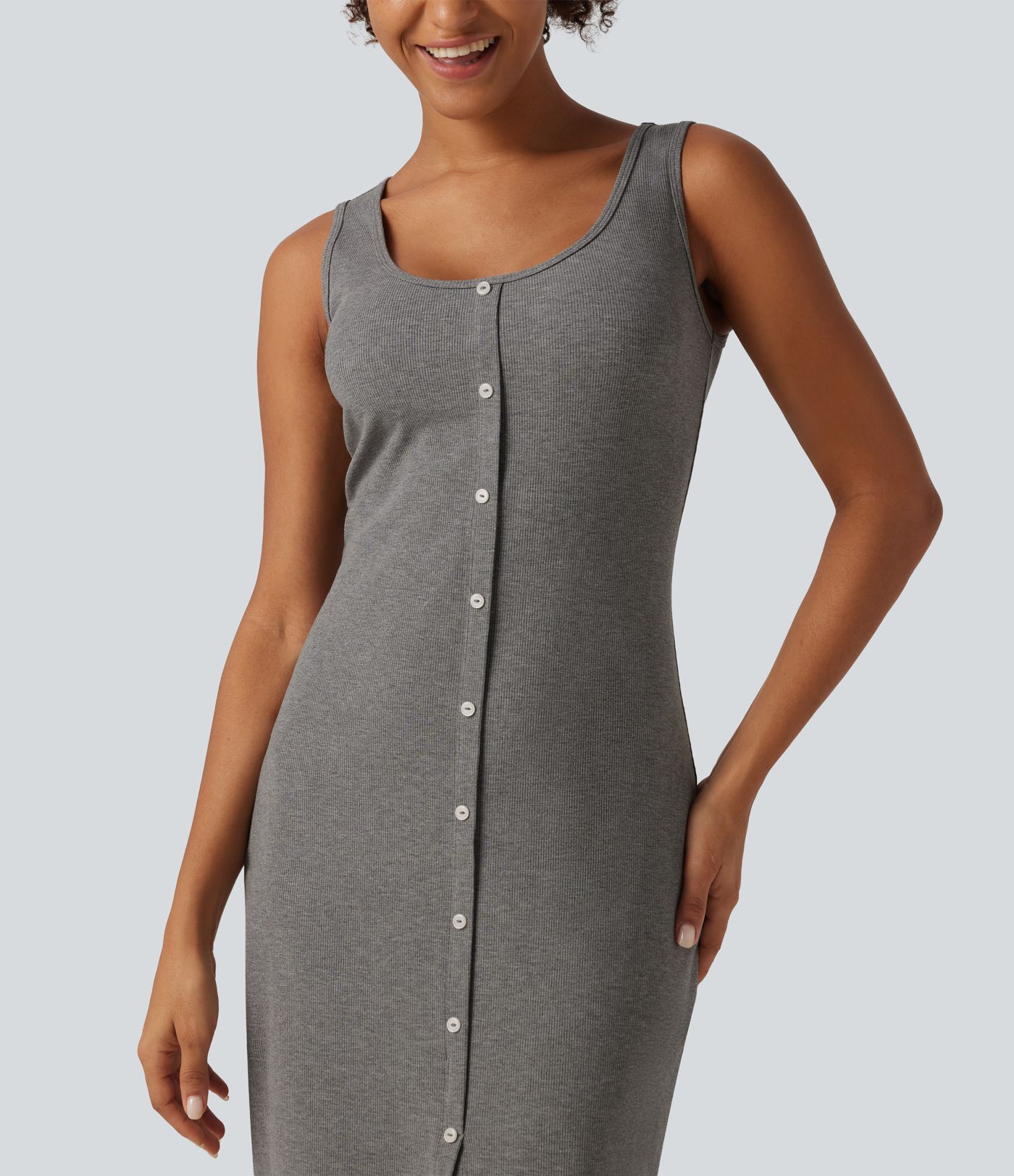 U Neck Sleeveless Slit Hem Decorative Button Midi Casual Dress
