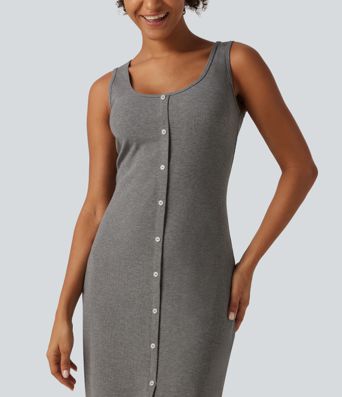 U Neck Sleeveless Slit Hem Decorative Button Midi Casual Dress
