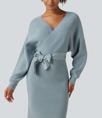 Crossover V Neck Batwing Long Sleeve Belted Midi Casual Sweater Dress Crossover V Neck Batwing Long Sleeve Belted Midi Casual Sweater Dress