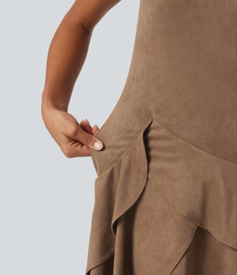 Round Neck Sleeveless Layered Ruffle Hem Suede Mini Casual Dress Round Neck Sleeveless Layered Ruffle Hem Suede Mini Casual Dress