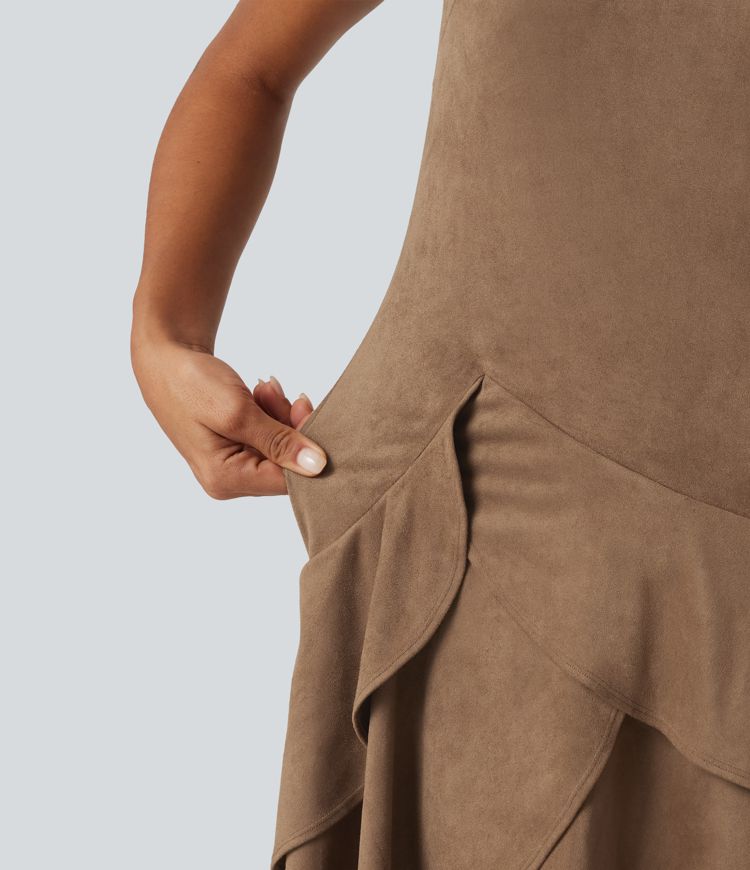 Round Neck Sleeveless Layered Ruffle Hem Suede Mini Casual Dress Round Neck Sleeveless Layered Ruffle Hem Suede Mini Casual Dress