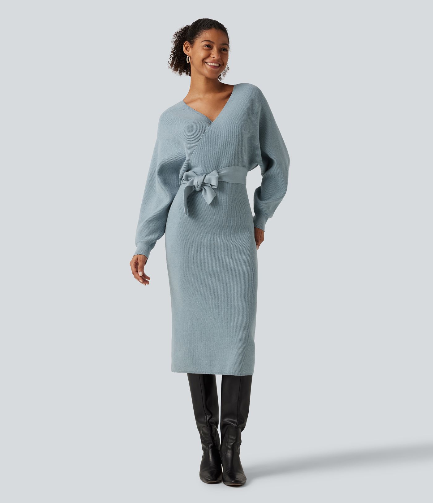 Crossover V Neck Batwing Long Sleeve Belted Midi Casual Sweater Dress Crossover V Neck Batwing Long Sleeve Belted Midi Casual Sweater Dress