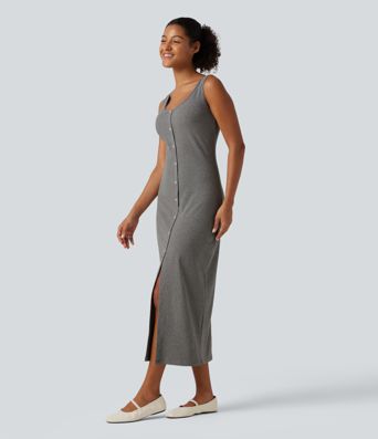 U Neck Sleeveless Slit Hem Decorative Button Midi Casual Dress