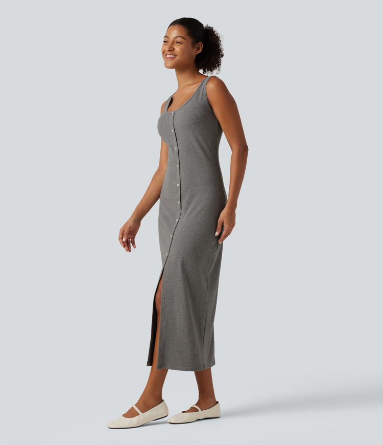 U Neck Sleeveless Slit Hem Decorative Button Midi Casual Dress