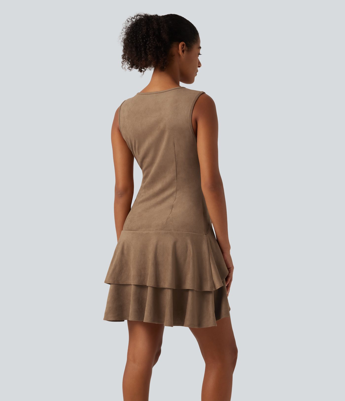 Round Neck Sleeveless Layered Ruffle Hem Suede Mini Casual Dress Round Neck Sleeveless Layered Ruffle Hem Suede Mini Casual Dress