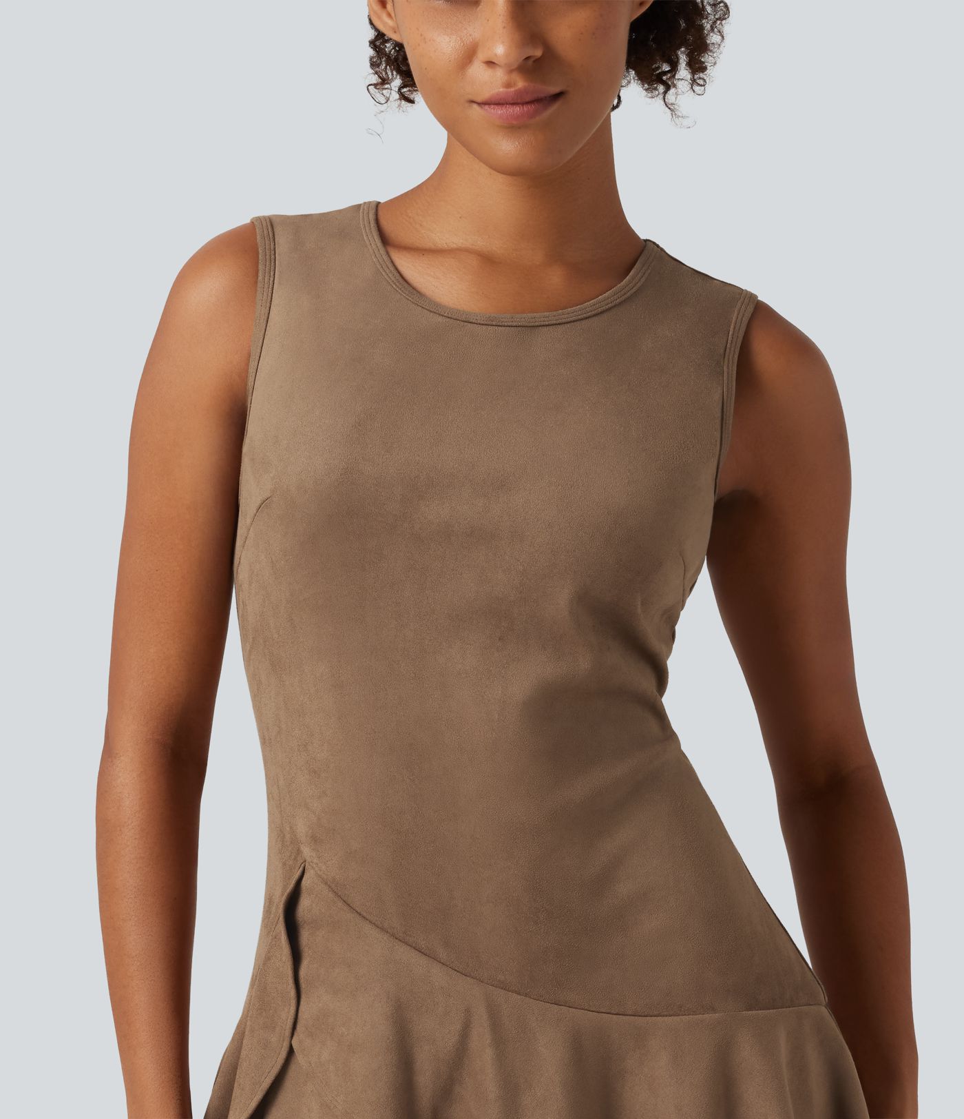 Round Neck Sleeveless Layered Ruffle Hem Suede Mini Casual Dress Round Neck Sleeveless Layered Ruffle Hem Suede Mini Casual Dress