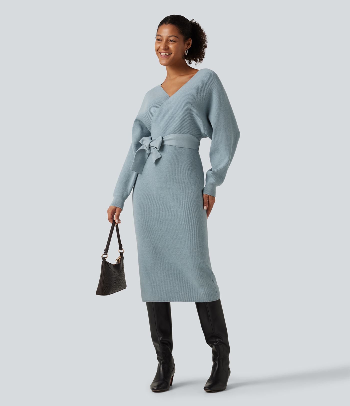 Crossover V Neck Batwing Long Sleeve Belted Midi Casual Sweater Dress Crossover V Neck Batwing Long Sleeve Belted Midi Casual Sweater Dress