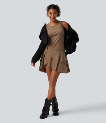 Round Neck Sleeveless Layered Ruffle Hem Suede Mini Casual Dress Round Neck Sleeveless Layered Ruffle Hem Suede Mini Casual Dress
