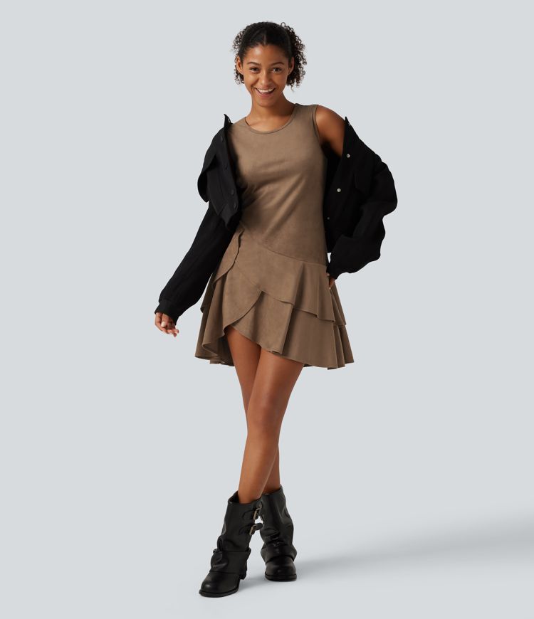 Round Neck Sleeveless Layered Ruffle Hem Suede Mini Casual Dress Round Neck Sleeveless Layered Ruffle Hem Suede Mini Casual Dress