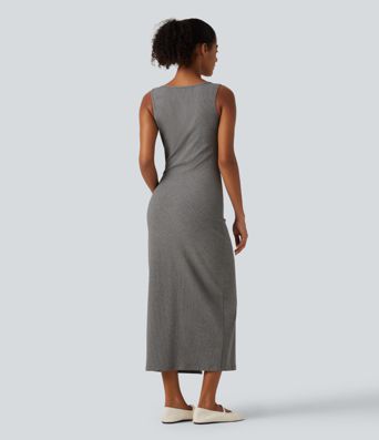 U Neck Sleeveless Slit Hem Decorative Button Midi Casual Dress