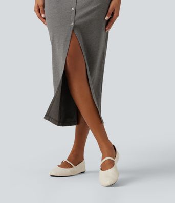 U Neck Sleeveless Slit Hem Decorative Button Midi Casual Dress