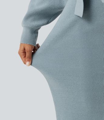 Crossover V Neck Batwing Long Sleeve Belted Midi Casual Sweater Dress Crossover V Neck Batwing Long Sleeve Belted Midi Casual Sweater Dress