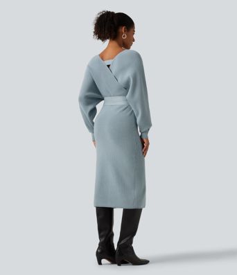 Crossover V Neck Batwing Long Sleeve Belted Midi Casual Sweater Dress Crossover V Neck Batwing Long Sleeve Belted Midi Casual Sweater Dress