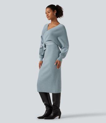 Crossover V Neck Batwing Long Sleeve Belted Midi Casual Sweater Dress Crossover V Neck Batwing Long Sleeve Belted Midi Casual Sweater Dress